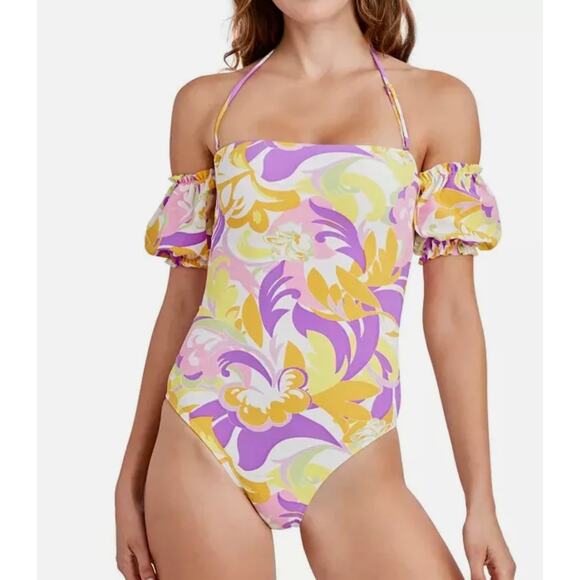 BCBG Generation Mod Purple Swirl Off The Shoulder One Piece Swimsuit Large NWt - Picture 1 of 5